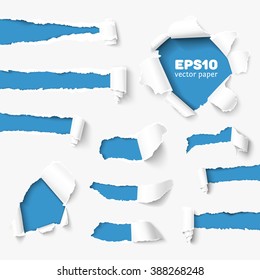 Torn paper holes in white paper with torn sides over blue paper background with space for text. Realistic vector torn paper with ripped edges for web and print. 