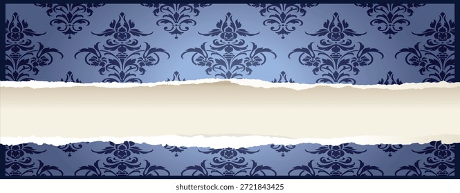 Quadro horizontal de papel rasgado sobre o padrão elegante de papel de parede de damasco barroco azul escuro