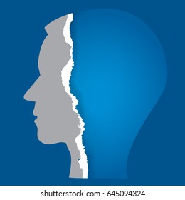 Torn paper human face.
Stylized Male head silhouette with ripped paper face. Psychology concept..Vector available.