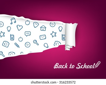 Torn paper with icon. Vector illustration. Back to school.