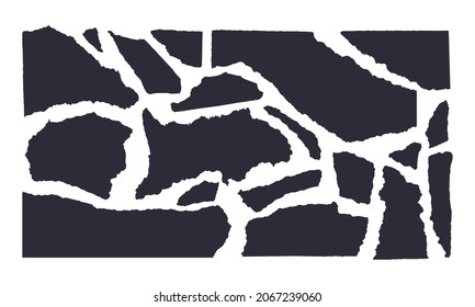 Torn paper isolated on white background. Vector illustration of torn paper scraps of different sizes and shapes. Crumbled black on white pieces of pages.