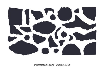 Torn paper isolated on white background. Vector illustration of small scraps of torn paper of different sizes and shapes. Crumbled black on white pieces of pages.