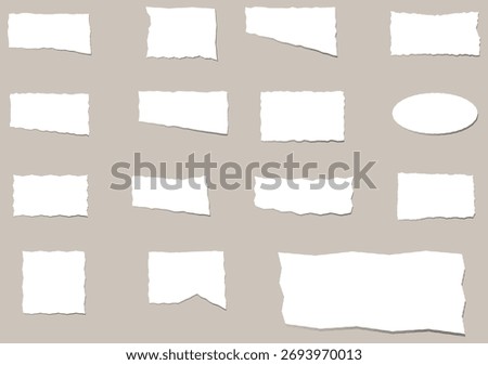 Torn paper labels set with ripped edges and blank sticker shapes for notes, price tags and handmade label visuals.