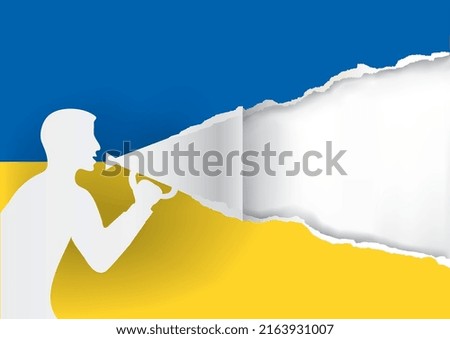 Torn paper man with megaphone and paper with Ukrainian flag colors. 
Expressive Banner template. Place for your text or image. Vector available.