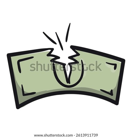 Torn paper money. Vector hand drawn doodle illustration for print, sticker. Bankruptcy, loss, bad deal icon