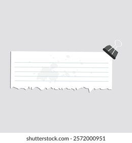 Torn Paper Note with Binder Clip Vector Illustration. A trendy torn paper note secured with a black binder clip. Ideal for casual stationery or digital designs