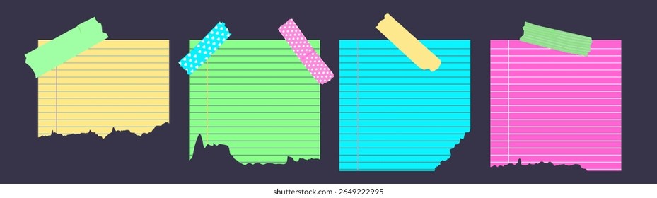 Torn paper note and colourful stickers with tape on notebook sheet or notepad for school, stationery collage for scrapbook memory and craft