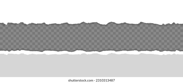 Torn paper note on transparent background. Ripped paper texture with shadow. Torn edge page horizontal template. Vector illustration.	
