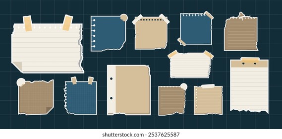 Torn Paper Note Ripped Paper Vector Collection. Blank Paper Stripes Notes for Message, Journals, Planners, To-Do Lists, Memo Template. Hand Drawn Paper Reminder flat vector illustrations