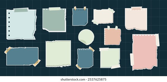 Torn Paper Note Ripped Paper Vector Collection. Blank Paper Stripes Notes for Message, Journals, Planners, To-Do Lists, Memo Template. Hand Drawn Colorful Paper Reminder flat vector illustrations