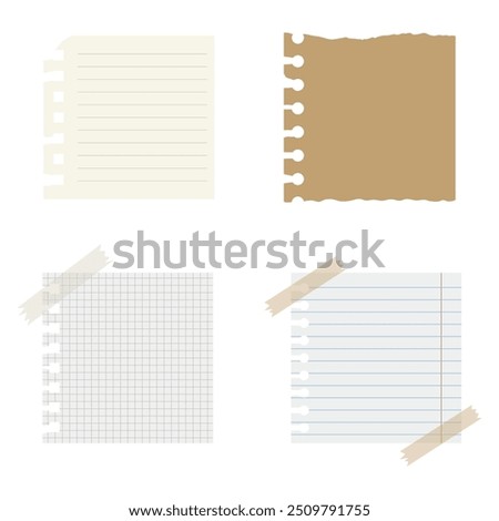 Torn paper notepad page strips with tape, rip blank notes and papers