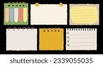 Torn Paper Notes Collection. Hand Drawn Stickers for Planner, Scrapbook, Diary, Schedule. Cute elements in Retro Style. Sketch Drawing Elements. Vector Cartoon Isolated Illustration