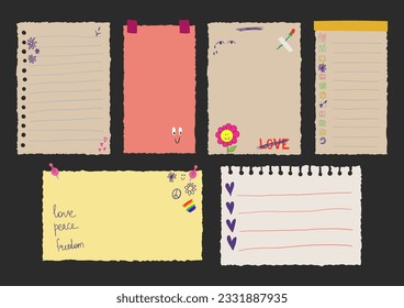 Torn Paper Notes Collection. Hand Drawn Stickers for Planner, Scrapbook, Diary, Schedule. Cute elements in Retro Style. Sketch Drawing Elements. Vector Cartoon Isolated Illustration