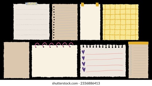 Torn Paper Notes Collection. Hand Drawn Stickers for Planner, Scrapbook, Diary, Schedule. Cute elements in Retro Style. Sketch Drawing Elements. Vector Cartoon Isolated Illustration