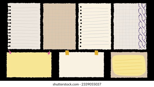 Torn Paper Notes Collection. Hand Drawn Stickers for Planner, Scrapbook, Diary, Schedule. Cute elements in Retro Style. Sketch Drawing Elements. Vector Cartoon Isolated Illustration