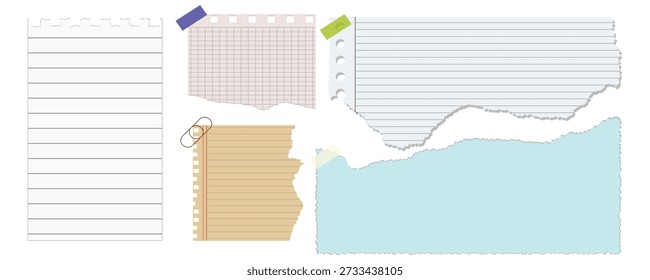 Torn Paper Notes Collection Memo Notebook Pages Template with vector illustration