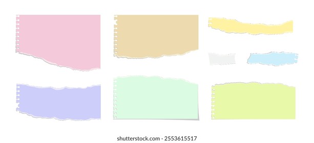 Torn paper notes. Torn notebook pages of different colors and shapes. Colorful pieces of pages with ragged edges. Realistic vector illustration set isolated on transparent background.