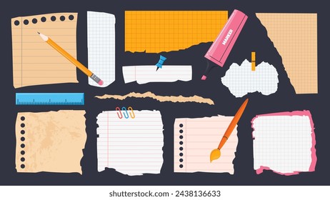 Torn paper notes, strips and papers. Notebook page scraps. School stationery elements. Ripped sheets of paper with torn edges. Vector scrapbooking elements.