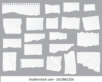 Torn paper notes, vector copybook page sheets, realistic empty piece of paper. Notebook or copybook on lined paper with shred and ripped edges