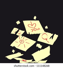 Torn paper on a black background with inscriptions