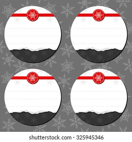 torn paper on dark patterned background with snowflakes Christmas winter holidays round sticker set with red ribbon
