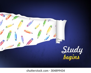 Torn paper on seamless pattern pencils. Vector illustration. Study begins.