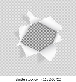 Torn paper on transparent background. Realistic ripped hole in the sheet of paper. Paper with ripped edges and space for text. Design for web, print, banner, advertising, presentation. Vector