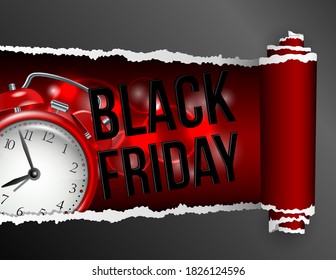 Papel roto con apertura que muestra la inscripción del Black Friday y un reloj despertador rojo realista. Plantilla de etiqueta de vectores para publicidad comercial, descuento u oferta especial. Ejemplo para su banner