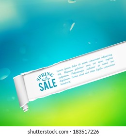 Torn paper over spring background. Vector illustration.