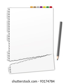 Torn paper page and bookmarks with pencil.
