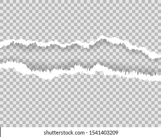 Torn paper page, ripped edges with space for text. Damaged torn paper texture on transparent, isolated background. Rough strip, scrapbook craft, cut paper. Snatched sheet. vector illustration eps10
