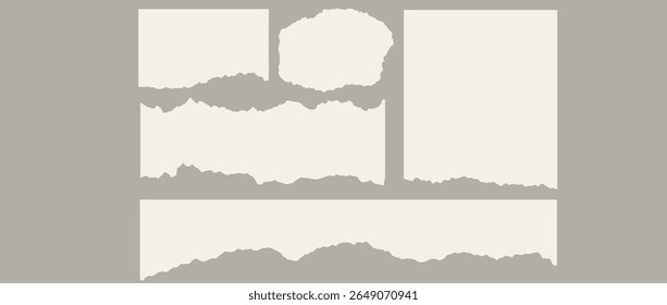 Torn paper piece collection. Beige shapes with jagged uneven edges. Ripped different paper fragment set. Textured grunge element bundle for collage, text box, banner, sticker, poster, flyer. Vector