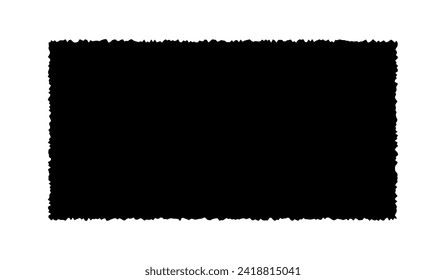 Torn paper pieces. Black grunge jagged rectangle frame. Vector torn paper sheet for sticker, collage, banner. Ripped shapes silhouette isolated on white background.