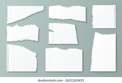 Torn paper pieces collection - realistic white notebook sheets with ripped edges, grid lines, spiral perforations. Scrapbook elements for journaling, collage crafts, creative notes and memory keeping.