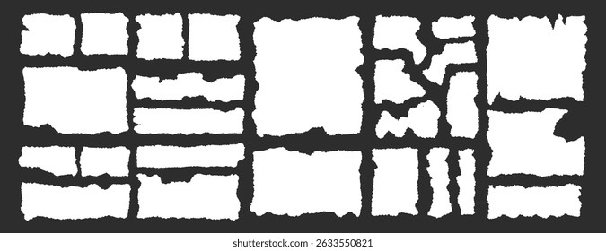 Torn paper pieces frame set. Torn paper with jagged edges. Ripped rectangular shape silhouette collection. Textured grunge elements collage, text box, poster, banner. Vector illustration