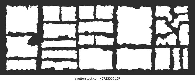 Gestell aus zerrissenen Papierstücken. Aufgerissenes Papier mit gezackten Kanten. Aufgerissene rechteckige Form Silhouette Sammlung. Texturierte farbige Elemente Collage, Textfeld, Poster, Banner. Vektorgrafik