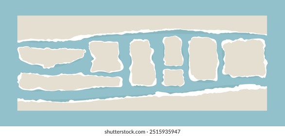 Torn paper pieces. Torn notebook page or scrap note with damaged border. Set of different abstract shapes ripped paper tears isolated on blue background. Design elements for banner, frame, poster