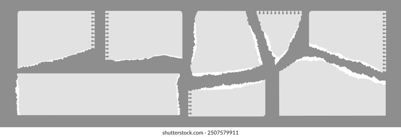 Torn paper pieces, notebook pages with ripped edges, notepaper pieces for scrapbooking. Vector illustration.