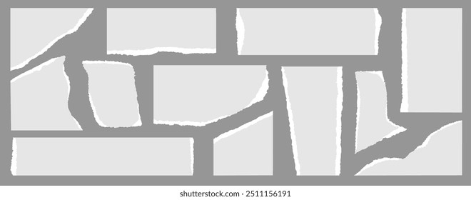 Torn paper pieces, notebook pages with ripped edges, notepaper pieces for scrapbooking. Vector illustration.
