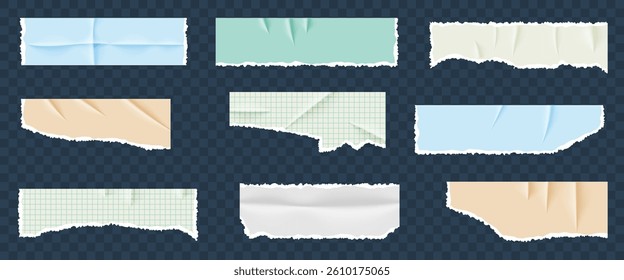 Torn paper pieces from a notebook with wrinkles and rips. Vector set of blue, green, beige, white, and grid note sheets. Useful for scrapbooking, design, and creative projects.
