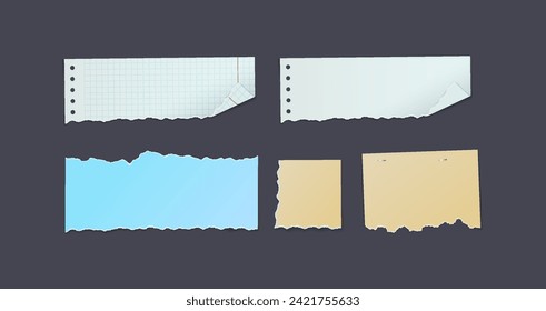 Torn paper pieces from pad vector illustration set. Blank strips for notices 3d models on grey background. Communication via written messages