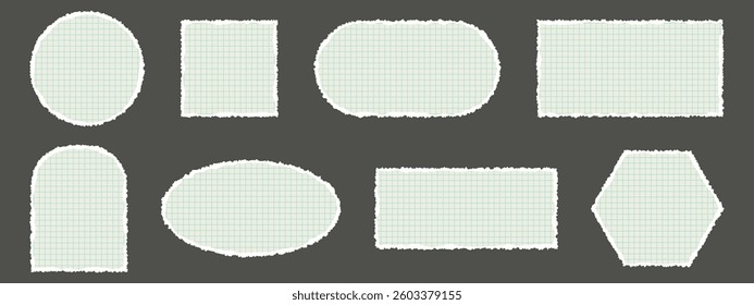 Torn paper pieces rip white notebook and note scraps on a dark background. For scrapbook, design, and mockup projects. Vector illustration.