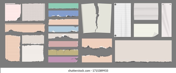Torn paper pieces and scrapbook note big Set. Different vector paper shapes with shadows. Notebook torn ripped.