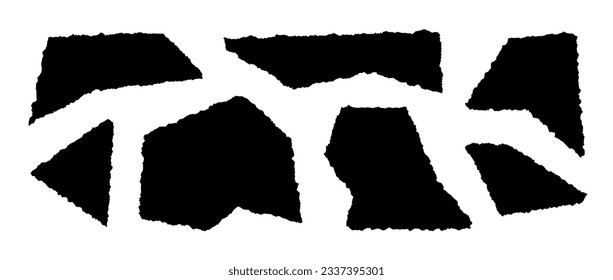 Torn paper pieces set. Black cutout frames with jagged edges. Ripped different shape silhouettes collection. Textured grunge element bundle for collage, text box, banner, sticker. Vector illustration