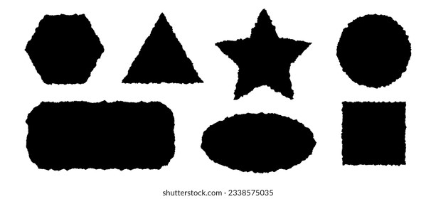 Zwirnpapiersatz Schwarze geometrische Formen mit gezackten Kanten. Rippiges Rechteck, Stern, Dreieck und runde Silhouetten-Kollektion. Grunge-Element-Paket für Collage, Textfeld, Banner, Aufkleber. Vektorgrafik