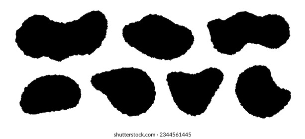 Torn paper pieces set. Black curved forms with jagged edges. Ripped different shape silhouettes collection. Textured grunge element bundle for collage, text box, banner, sticker. Vector illustration