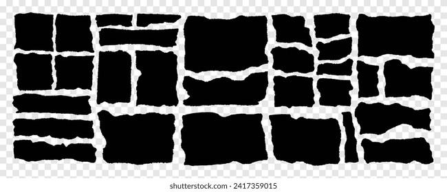 Arrojar piezas de papel. Marcos rectangulares negros con bordes jaleados. Colección de siluetas de forma rectangular arrancada. Conjunto de elementos de grunge vectorial texturado para el collage, el cuadro de texto, el banner y la etiqueta adhesiva. 