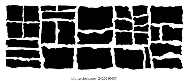 Arrojar piezas de papel. Marcos rectangulares negros con bordes jaleados. Colección de siluetas de forma rectangular arrancada. Conjunto de elementos de grunge vectorial texturado para el collage, el cuadro de texto, el banner y la etiqueta adhesiva. 