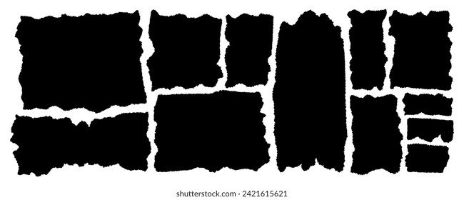 Torn paper pieces set. Black rectangle frames with jagged edges. Ripped rectangular shape silhouette collection. Textured vector grunge element bundle for collage, text box, banner, and sticker. 