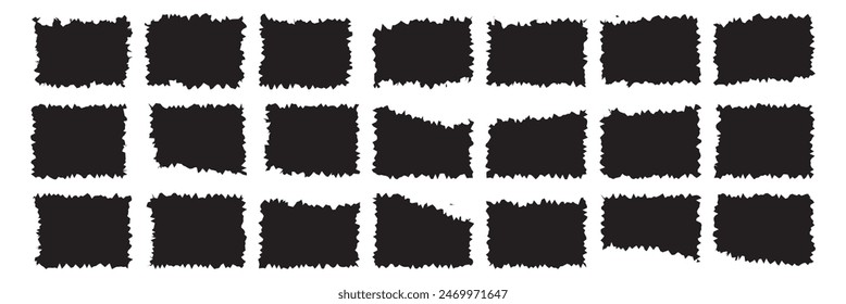 Torn paper pieces set. Black rectangle frames with jagged edges. Ripped rectangular shape silhouettes collection. Textured grunge element bundle for collage, text box, banner, sticker. Vector